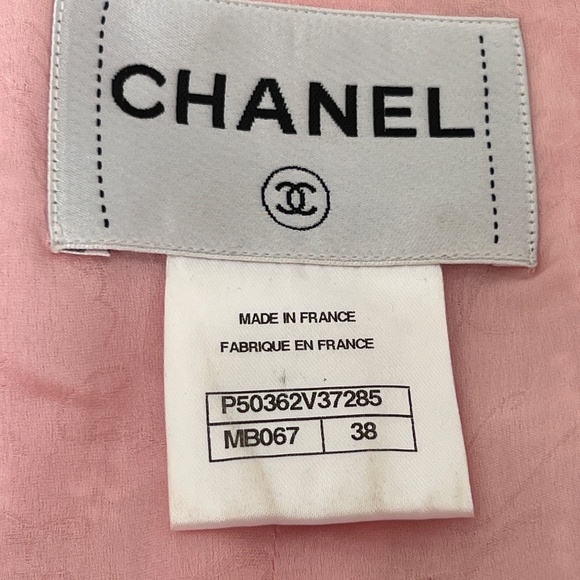 Chanel 2pc Pink Gold Button-Up Tweed Woven Trim Jacket Skirt Suit Set - Picture 7 of 11